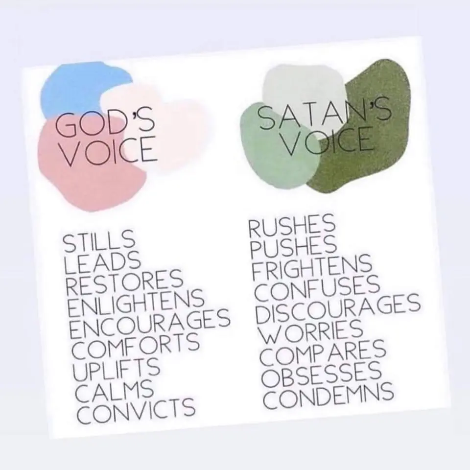 Inspirational poster that categorizes two columns of verbs, one with a positive connotation categorized as God's Voice, and the opposite, as Satan's Voice.