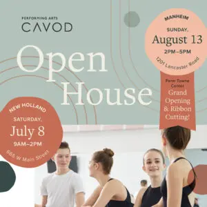 A poster for Cavod Academy's Open House occurring in Manheim, PA on August 13, 2023.