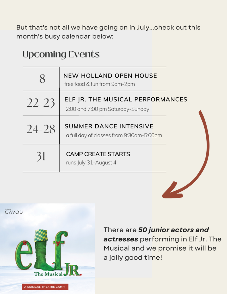 A schedule of events happening in July 2023 at Cavod Performing Arts, including the New Holland open house, Elf Jr musical performances, Summer Dance Intensive camp, and Camp Create.