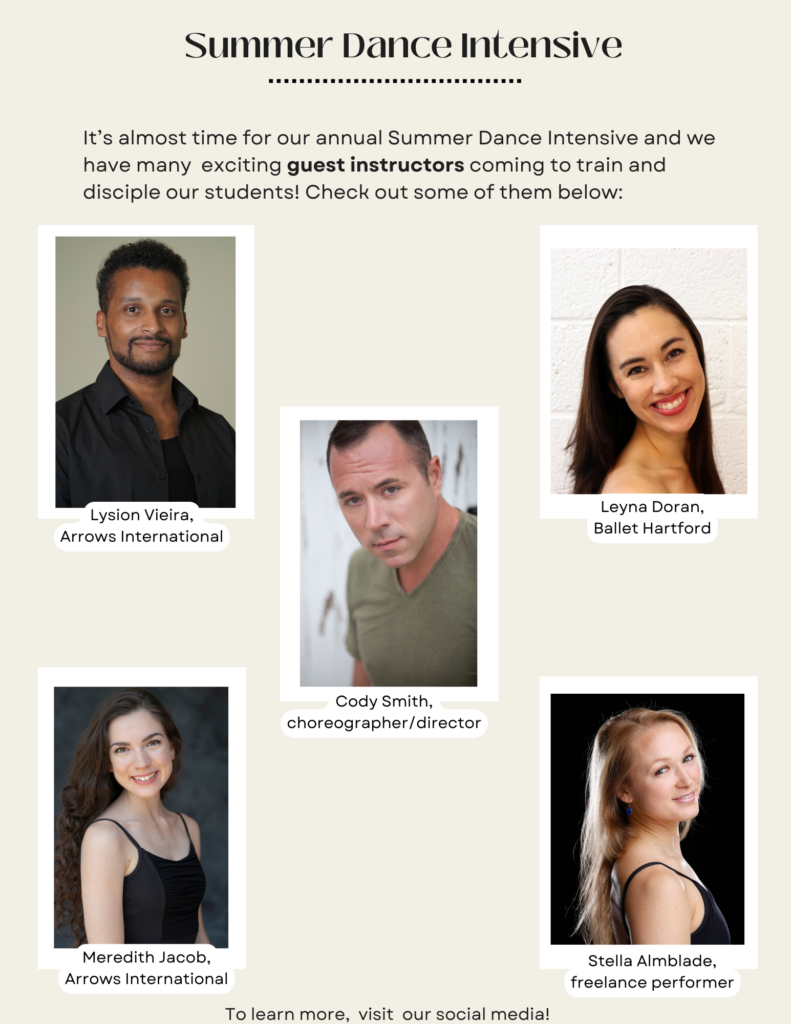 A poster showcasing the guest instructors for Cavod's Summer Dance Intensive.