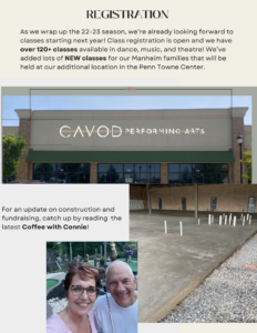 An exterior shot of Cavod Performing Arts and a photo of Cavod's founder Connie Dienner taking a photo with her husband. 