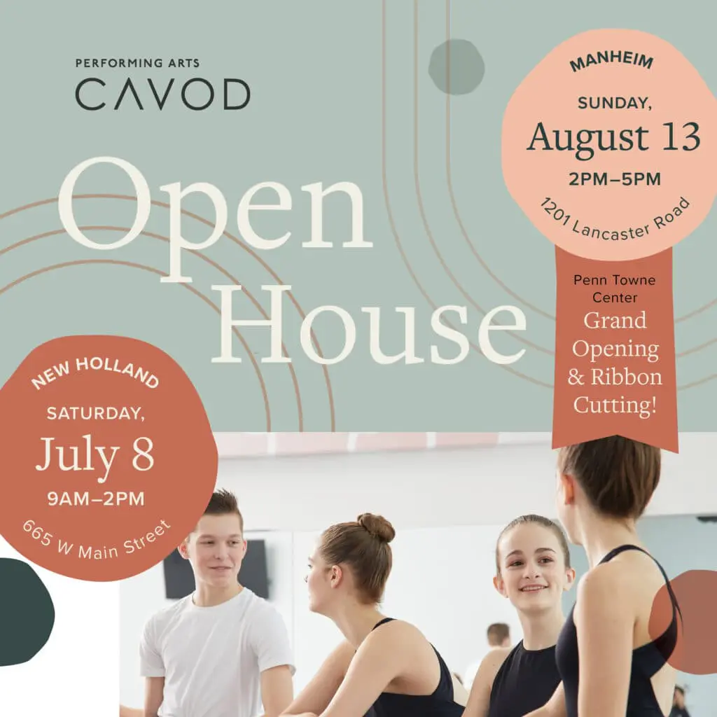 A poster for Cavod Performing Arts' ribbon cutting and open house at their Manheim, PA location.