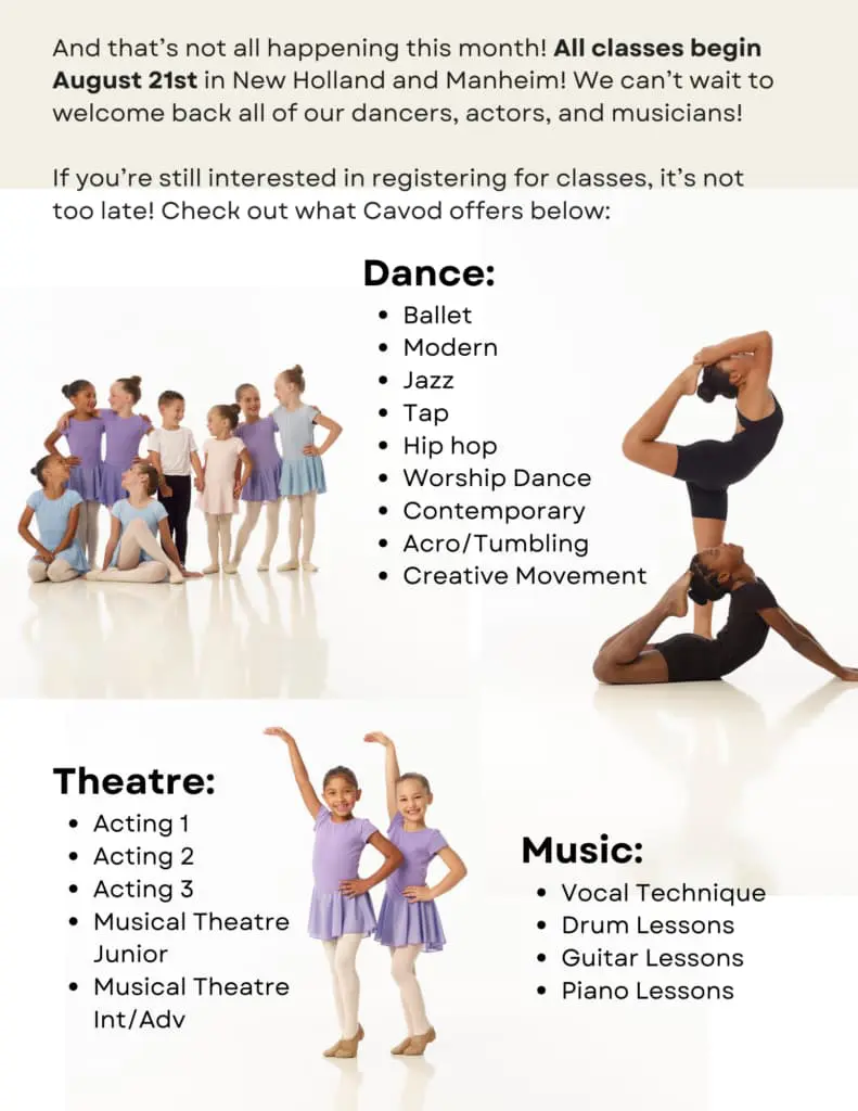 Classes offered at Cavod Performing Arts in August 2023.