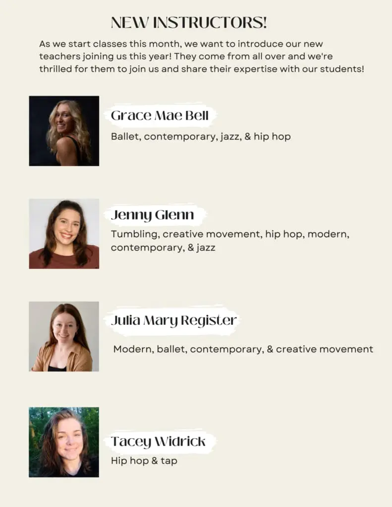 New instructors for the 2023-2024 school year at Cavod Performing Arts.