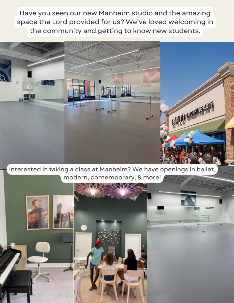 A collage highlighting the various rooms at Cavod Performing Arts' new Manheim, PA location.