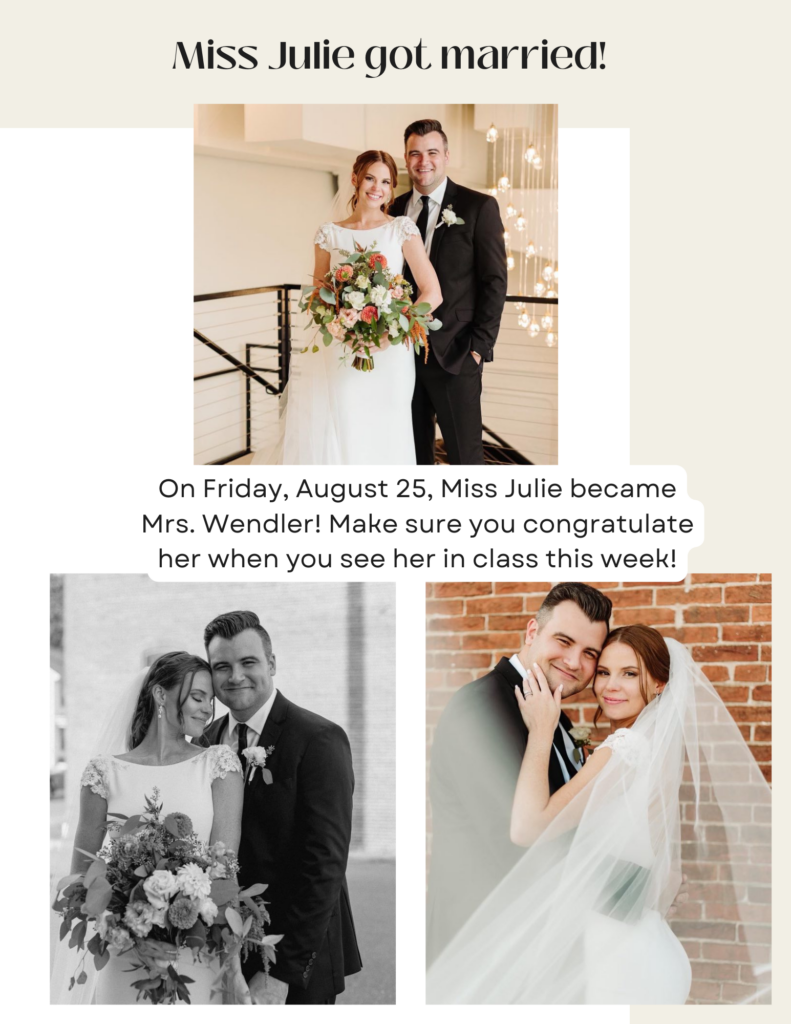 A collage of images showing one of Cavod Performing Arts' , Miss Julie, at her wedding with her husband.