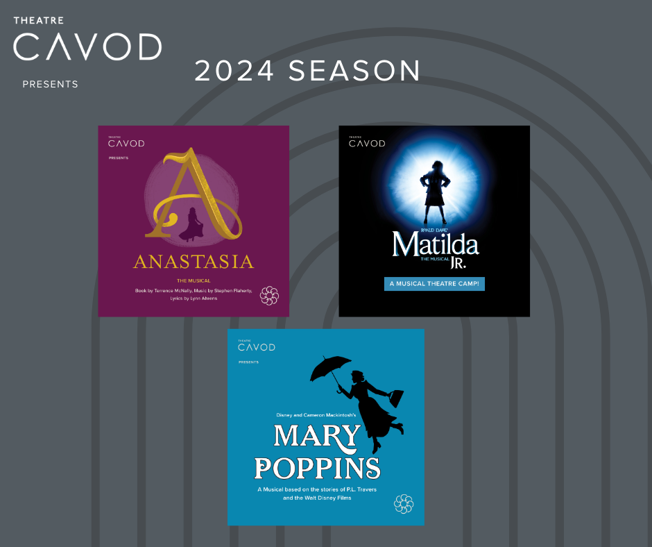 A flyer presenting Cavod's theatre shows for 2024, which includes Anastasia, Matilda Junior, and Mary Poppins.