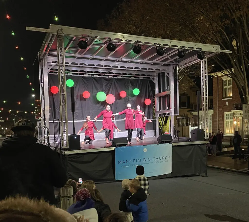 Members of Ornate, Cavod's pre-professional dance company, dancing at a tree lighting at Manheim BIC Church in Manheim, PA in December 2023