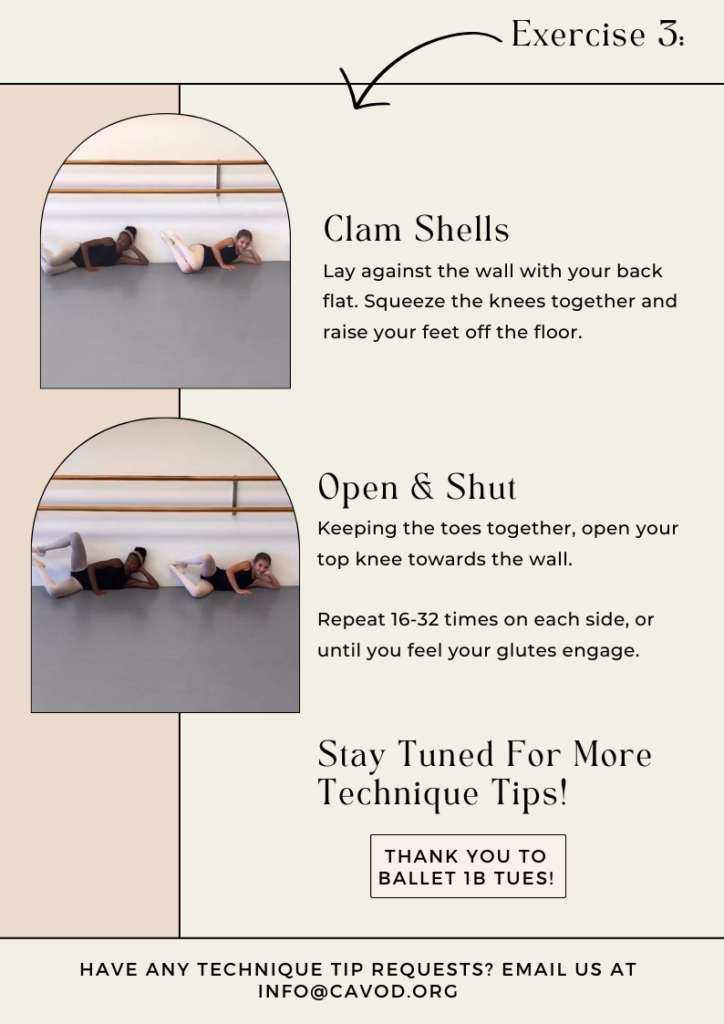 A graphic for a ballet turnout improvement exercise, where dancers lay against a wall with their backs flat, then squeeze their knees together and raise their foot off the floor, and finally opening their top knee towards the wall. This process is to be repeated 16-32 times per side or until your glutes are engaged.