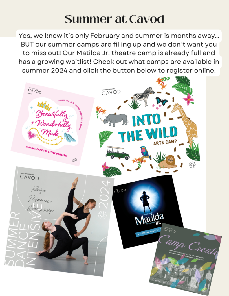 A poster for classes and productions offered during Cavod's upcoming summer camps