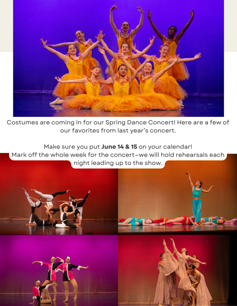 A poster highlighting Cavod's upcoming Spring Dance Concert while also showcasing photos from the last concert.