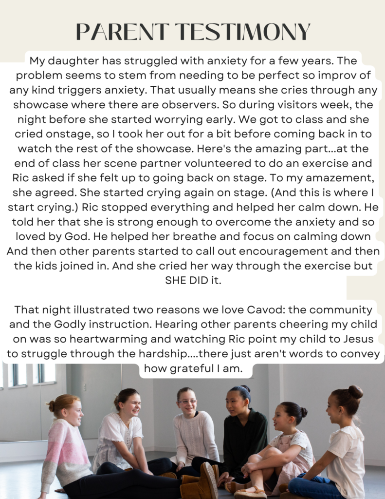 A graphic highlighting parent testimonials for Cavod Performing Arts while also showing a picture dance students sitting and talking