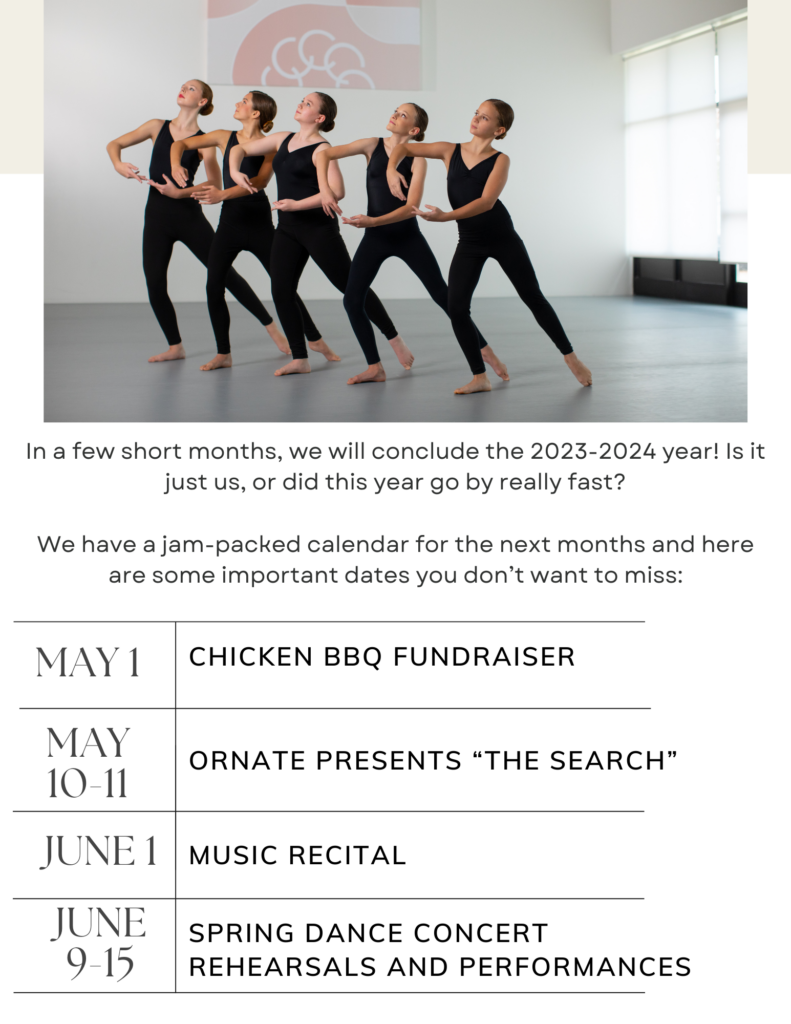 A picture of ballet dancers posing together and a schedule of upcoming events at Cavod Performing Arts