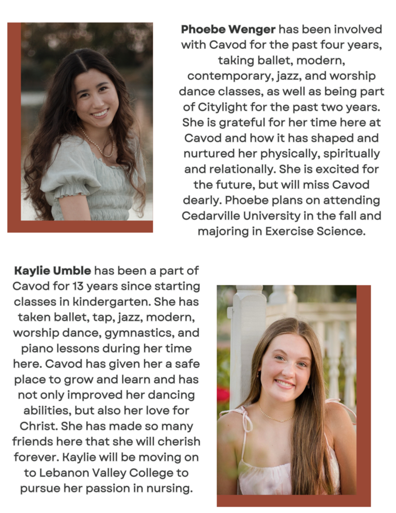 Phoebe Wenger and Kaylie Umble, two graduating seniors from Cavod Performing Arts in 2024