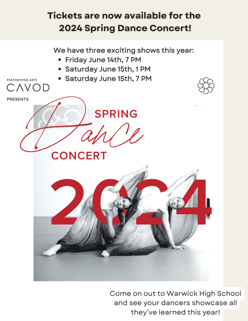 A showtimes flyer for Cavod Performing Arts' 2024 Spring Dance Concert