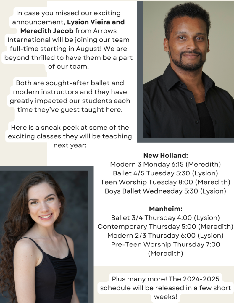 Lyson Vieira and Meredith Jacob, two past ballet and modern teachers from Arrows International now joining Cavod Performing Arts
