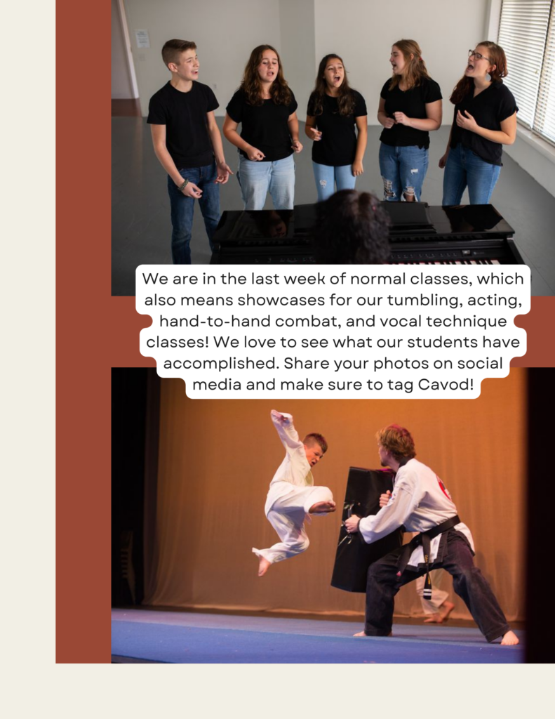 A poster highlighting upcoming class showcases at Cavod Performing Arts for tumbling, acting, hand-to-hand combat, and vocal technique classes