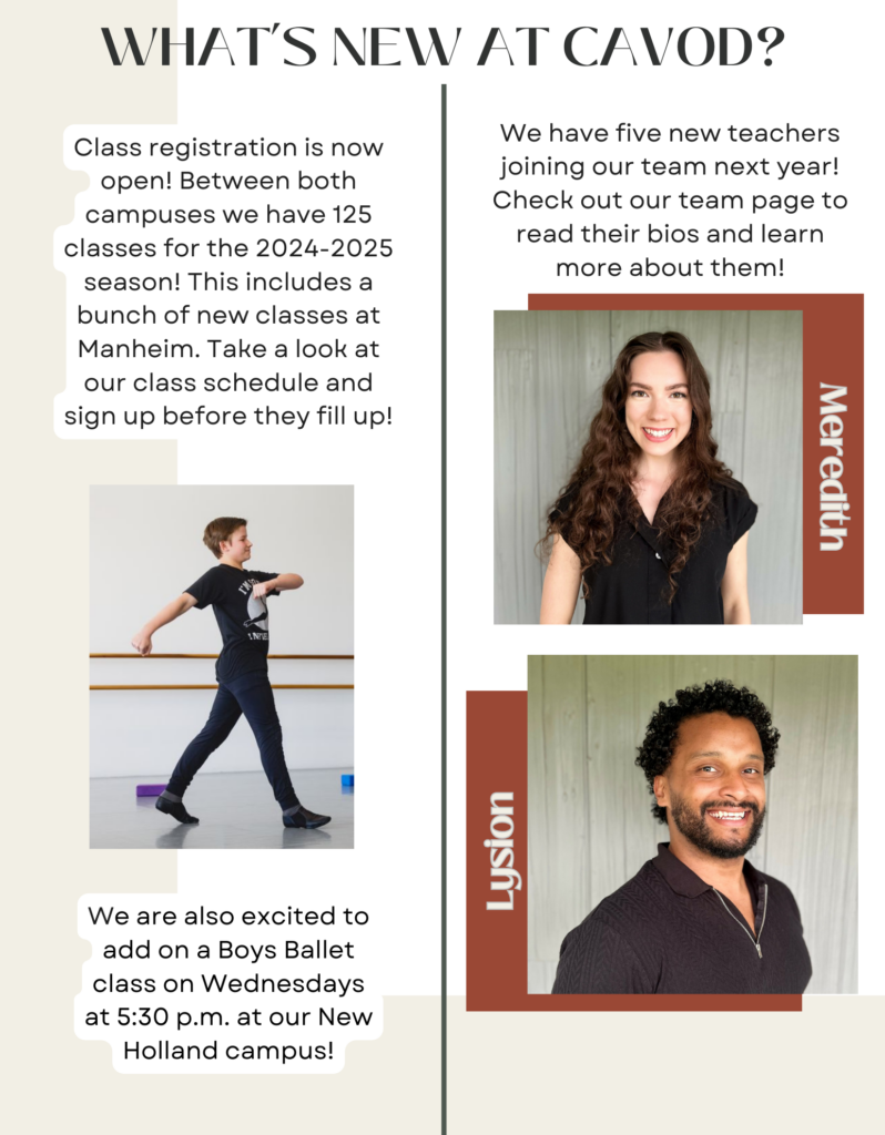A poster highlighting class registration for the 2024-2025 season and new teachers at Cavod Performing Arts