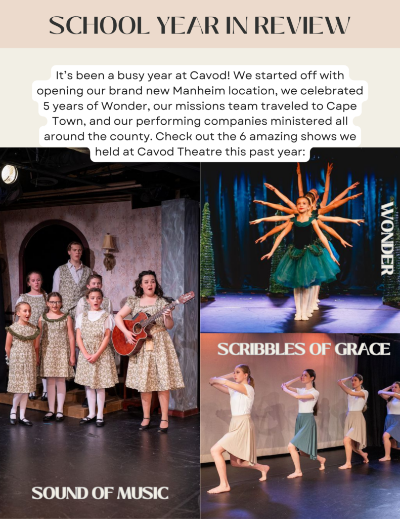 A poster for Cavod Performing Arts highlighting notable things that happened during the 2023-2024 school year, such as the opening of the Manheim, PA location, celebrating 5 years of Wonder, the missions team traveling to Cape Town, and shows recently held at Cavod Theatre