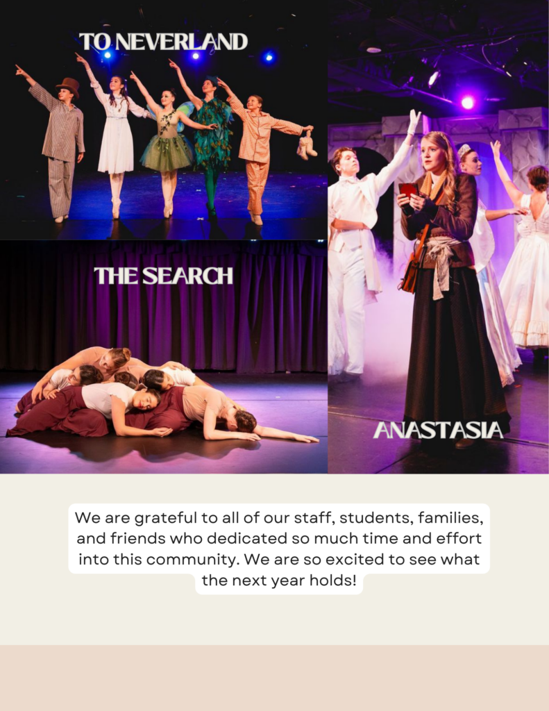 A poster highlighting Cavod Performing Arts' 2024 productions, including "To Neverland", "The Search", and "Anastasia".