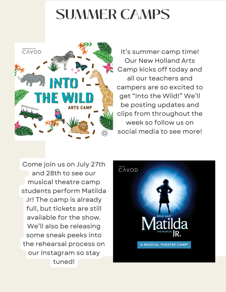 A flyer for Cavod's "Into The Wild" Arts Camp and the musical theatre camp's upcoming production of Matilda Junior