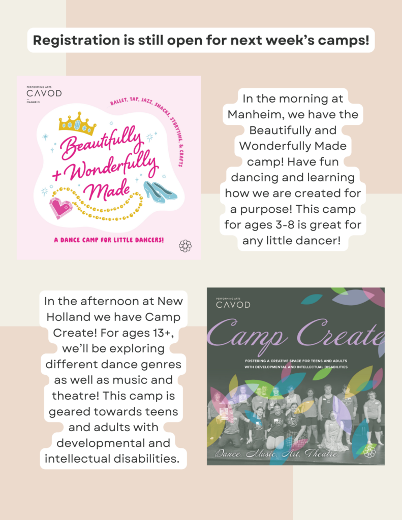 A flyer detailing registration for Cavod Manheim's summer day camp called "Beautifully and Wonderfully Made" and afternoon summer camp "Camp Create".