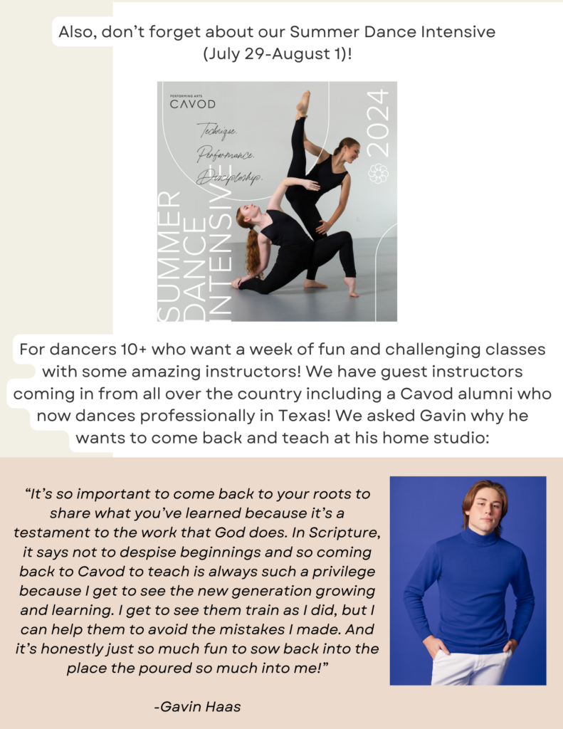 A flyer for Cavod's Summer Dance Intensive (running from July 29 to August 1st) and guest instructors.