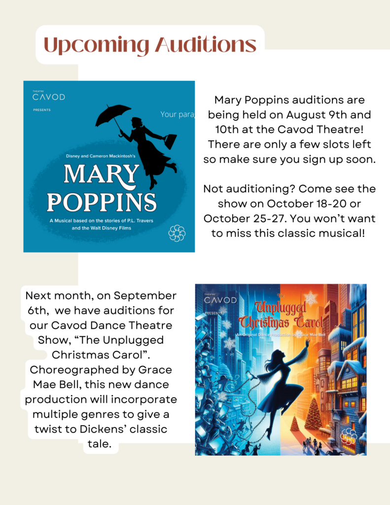 An auditions flyer for Cavod'Theatre's productions of Mary Poppins and The Unplugged Christmas Carol
