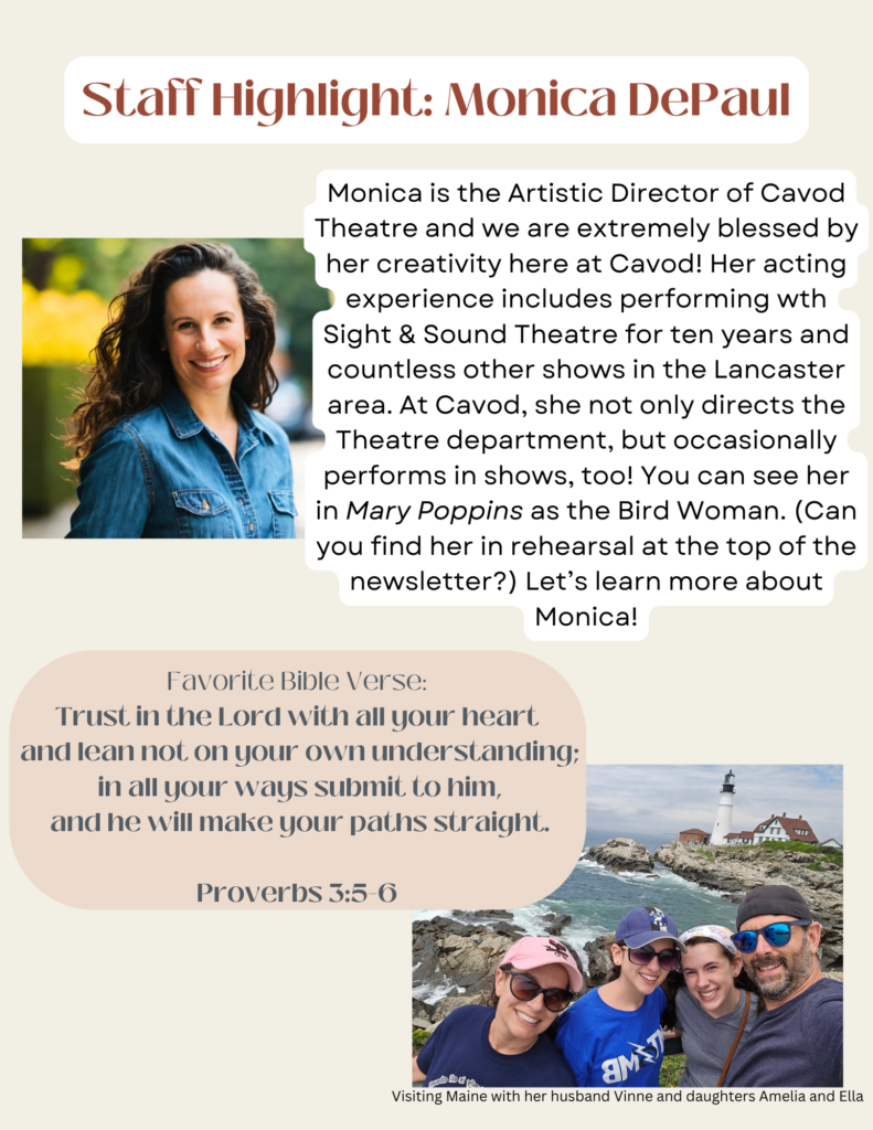 A Cavod Performing Arts "staff member highlight" poster for Monica DePaul
