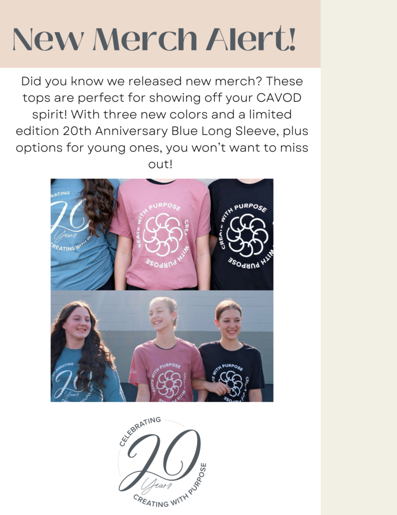 A poster highlighting new merchandise for sale, including three new t-shirt colors to choose from and a limited edition 20th anniversary Blue Long Sleeve shirt