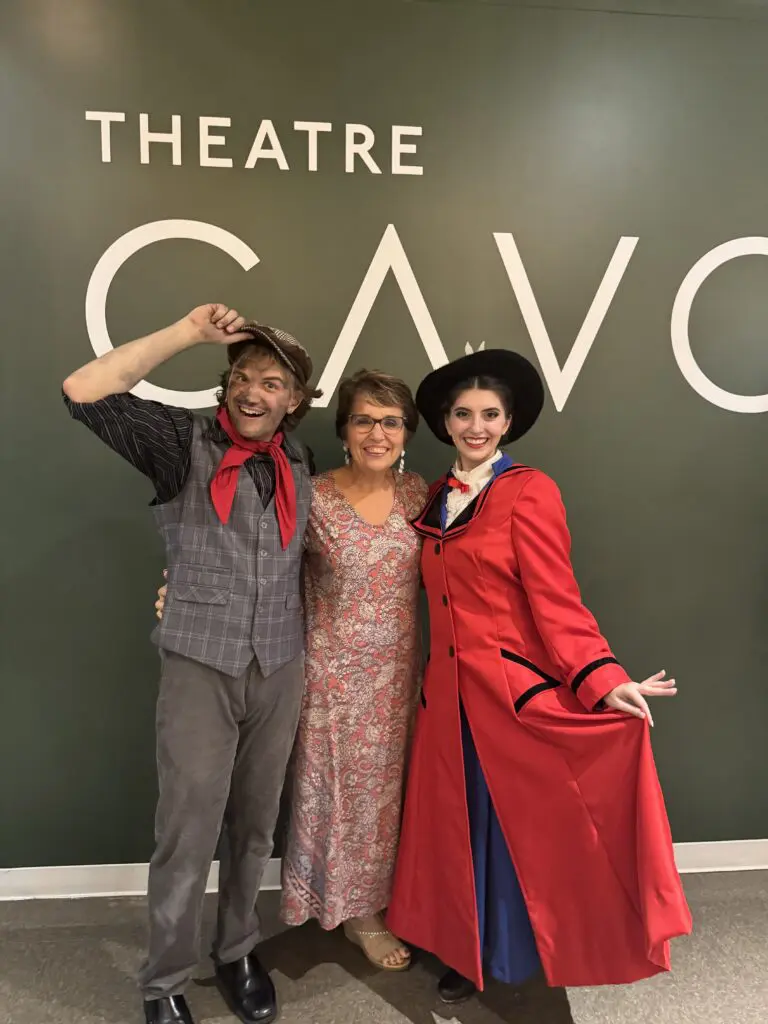 Backstage photo of Connie from Cavod with Sophia Grado as Mary Poppins and Caleb Zimmerman as Bert