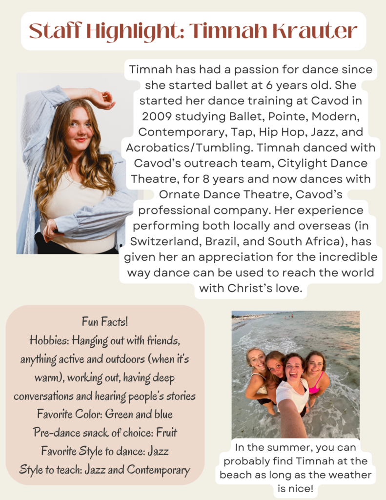 Meet Timnah Krauter, a dedicated team member at Cavod Theatre! Passionate about dance, she helps bring creativity and excellence to every production.