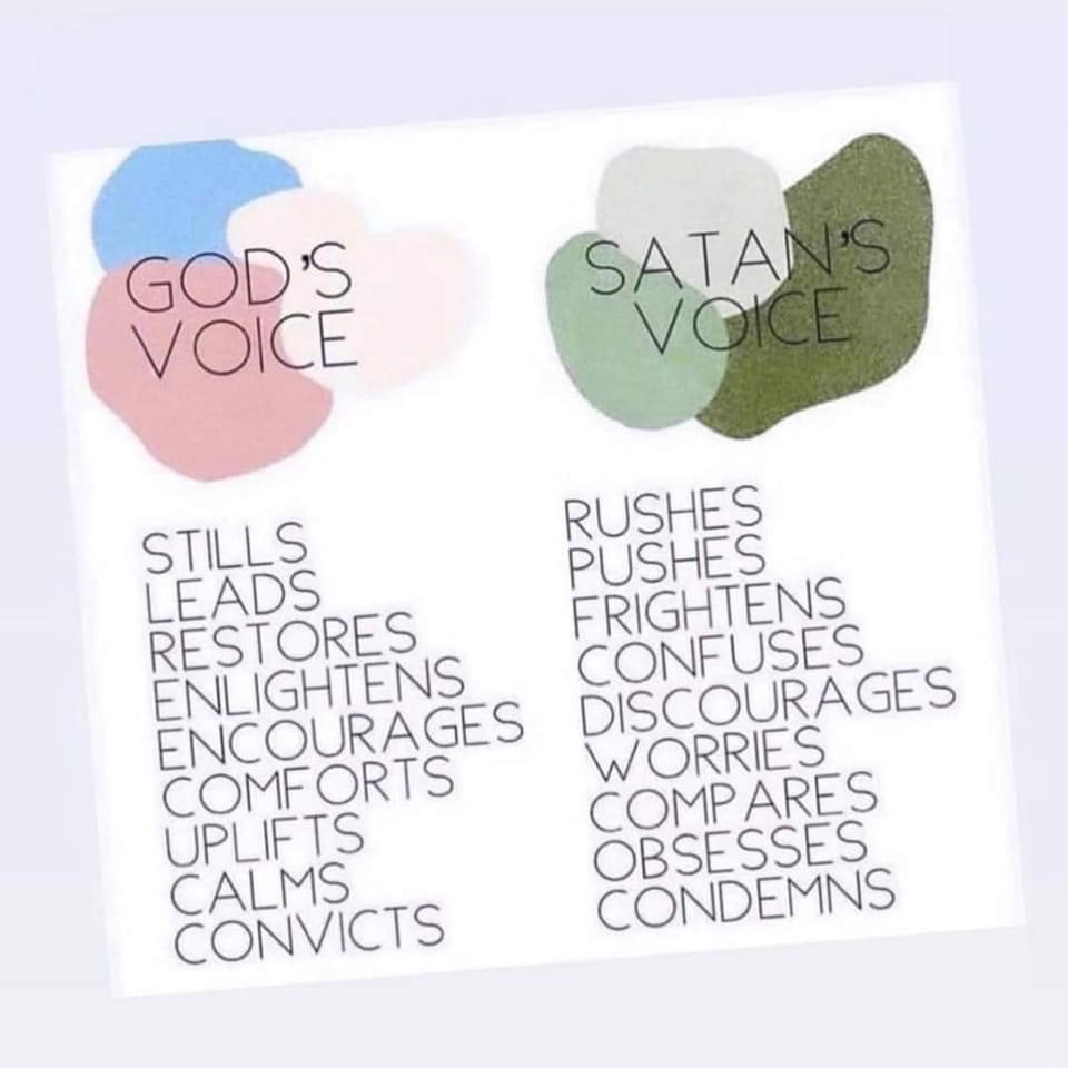 Inspirational poster that categorizes two columns of verbs, one with a positive connotation categorized as God's Voice, and the opposite, as Satan's Voice. 