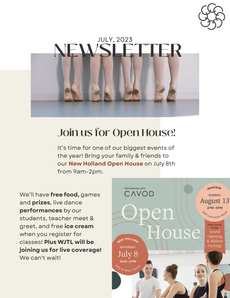 The first page of Cavod's July 2023 newsletter, which highlights the fun events surrounding the New Holland location's open house. 