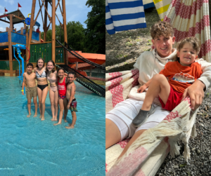 Children at a water park while others are hanging out in a hammock