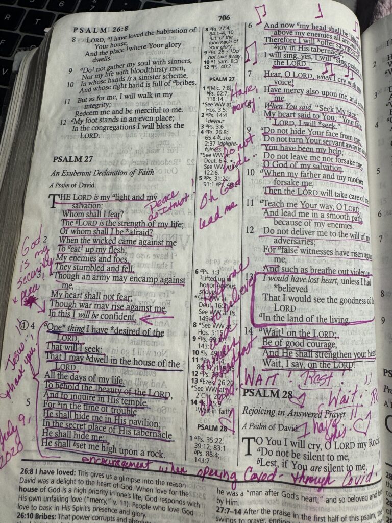 picture of Psalm 27, marked up in the Bible