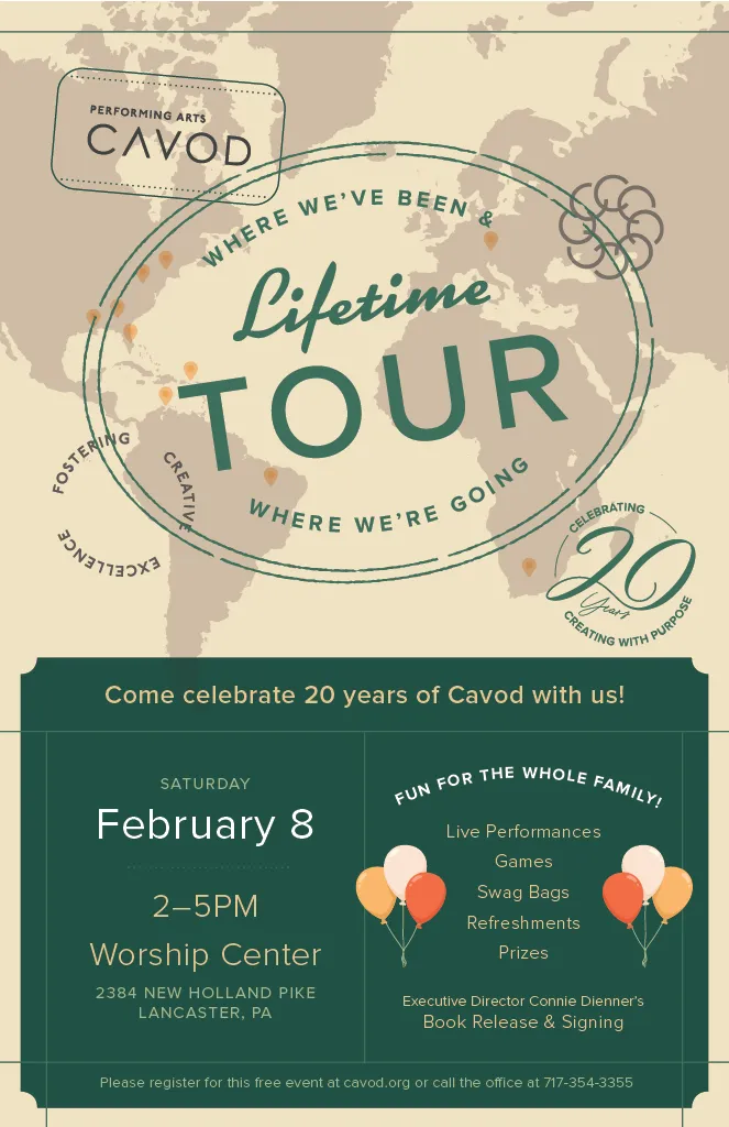 Flyer for Cavod Performing Arts’ 20-Year Celebration, featuring event details, special performances, and activities. 
